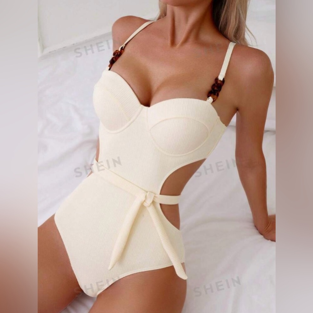 SHEIN Ribbed Knit Waist Belted One Piece Swimsuit
